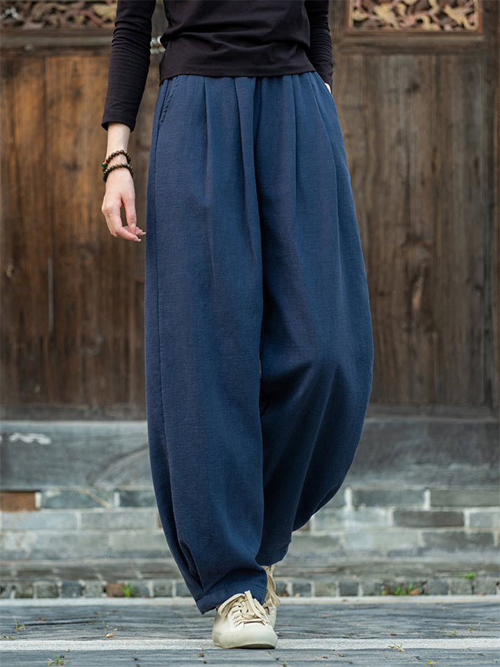 Zen Style Warm Plush Lined Linen Long Pants for Winter