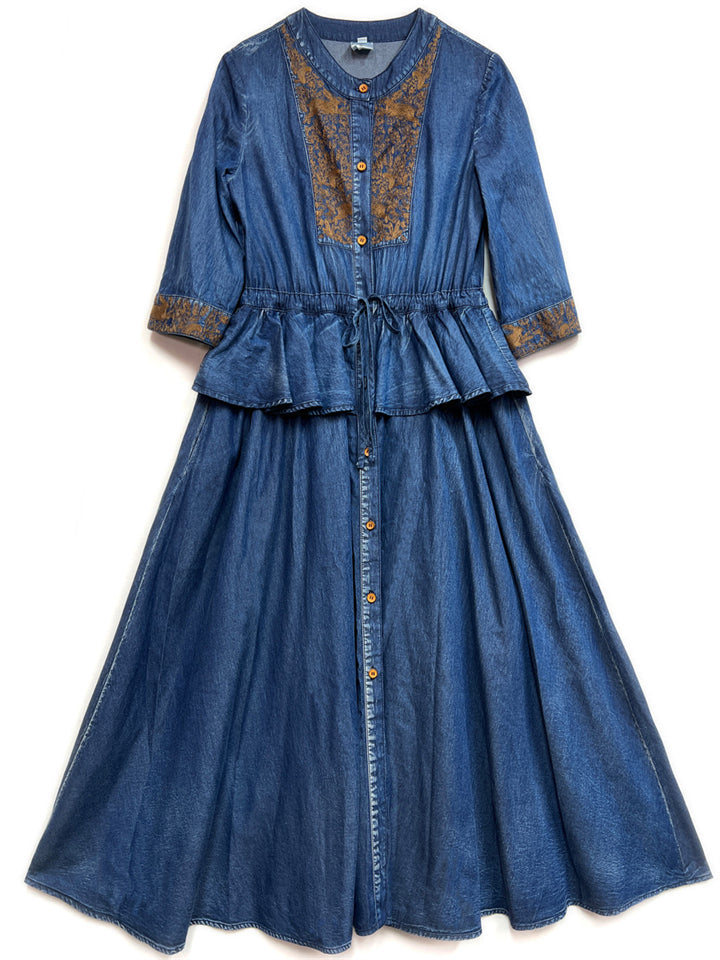 Female Elegant Lace-up Spring Summer 3/4 Sleeve Denim Dress