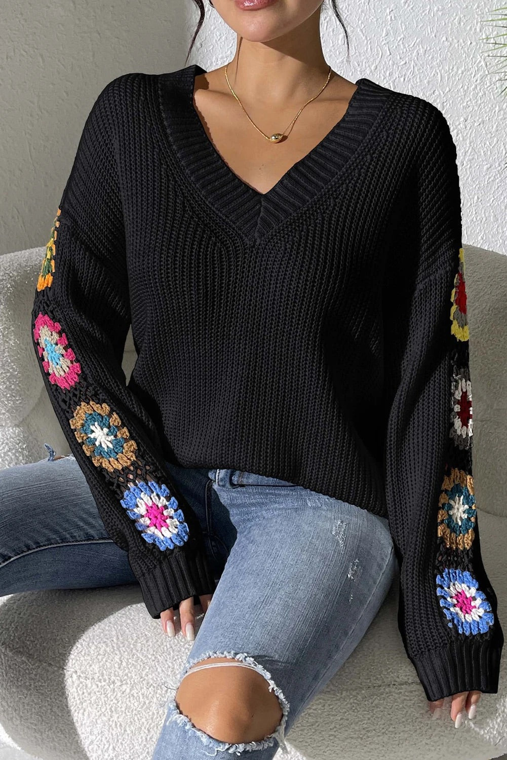 Ivyshape | Crochet Flower Splicing V-Neck Pullover Sweater