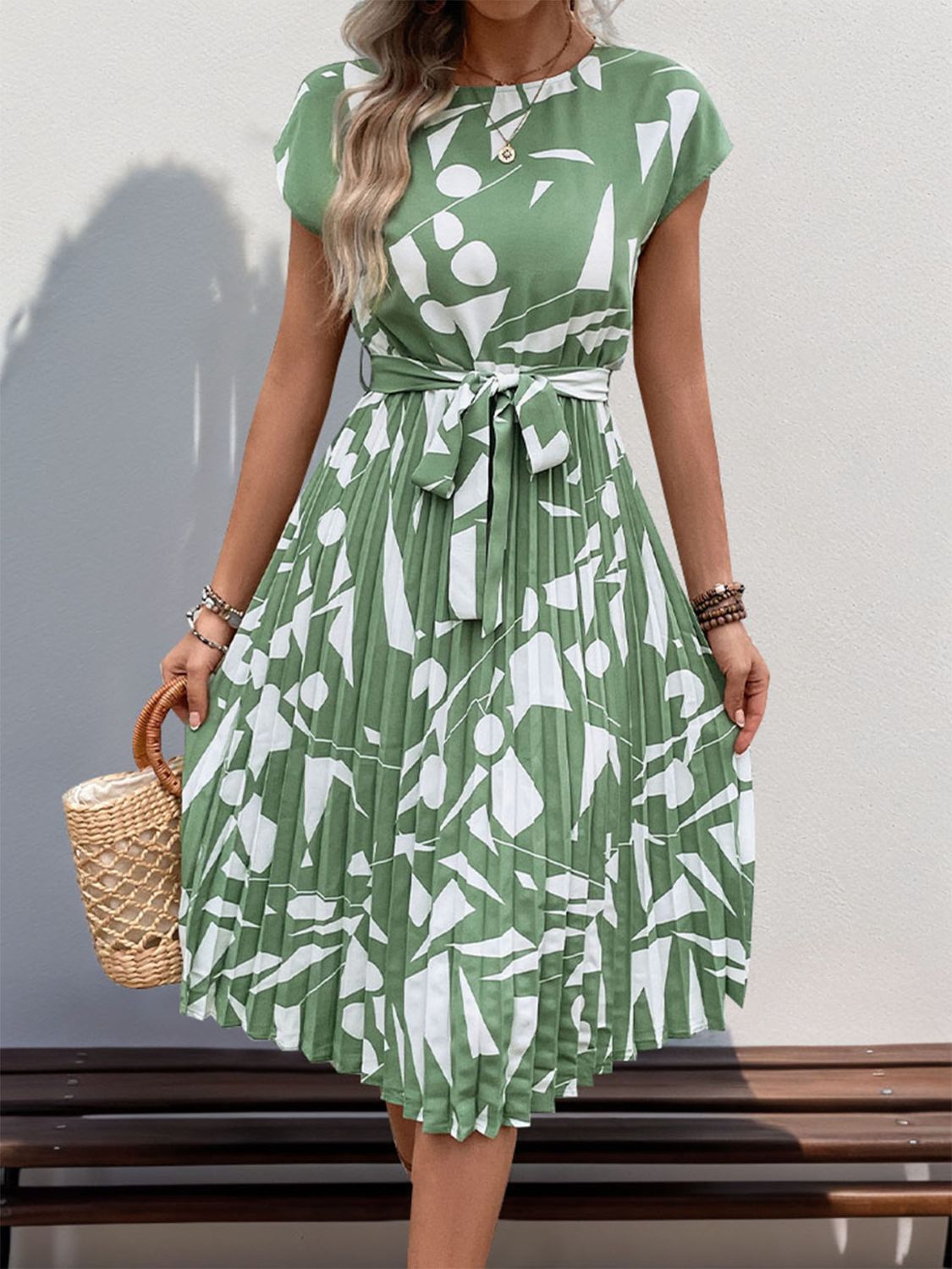 Ivyshape | Tied Pleated Printed Cap Sleeve Dress