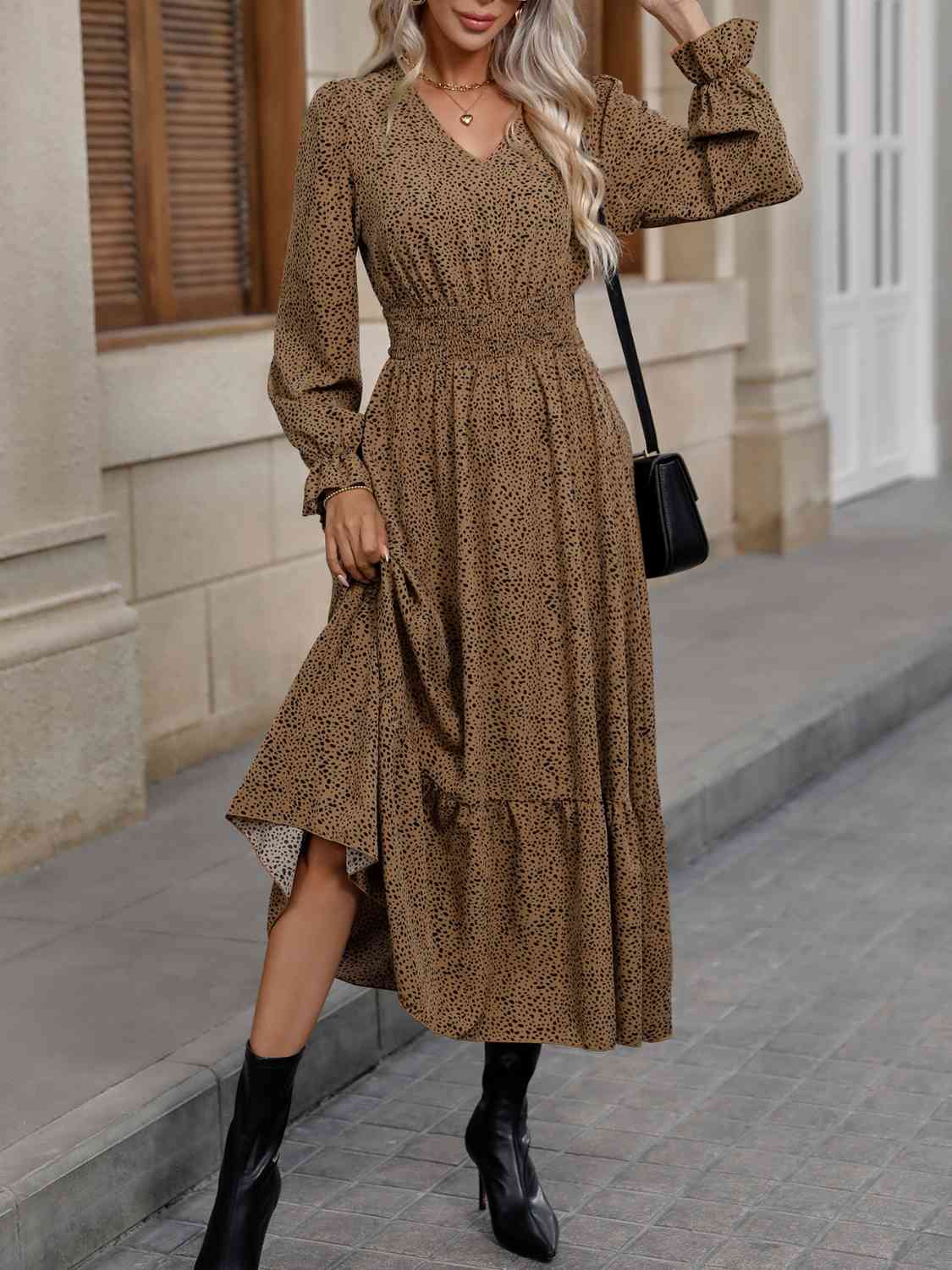 V-Neck Flounce Sleeve Ruffle Hem Dress