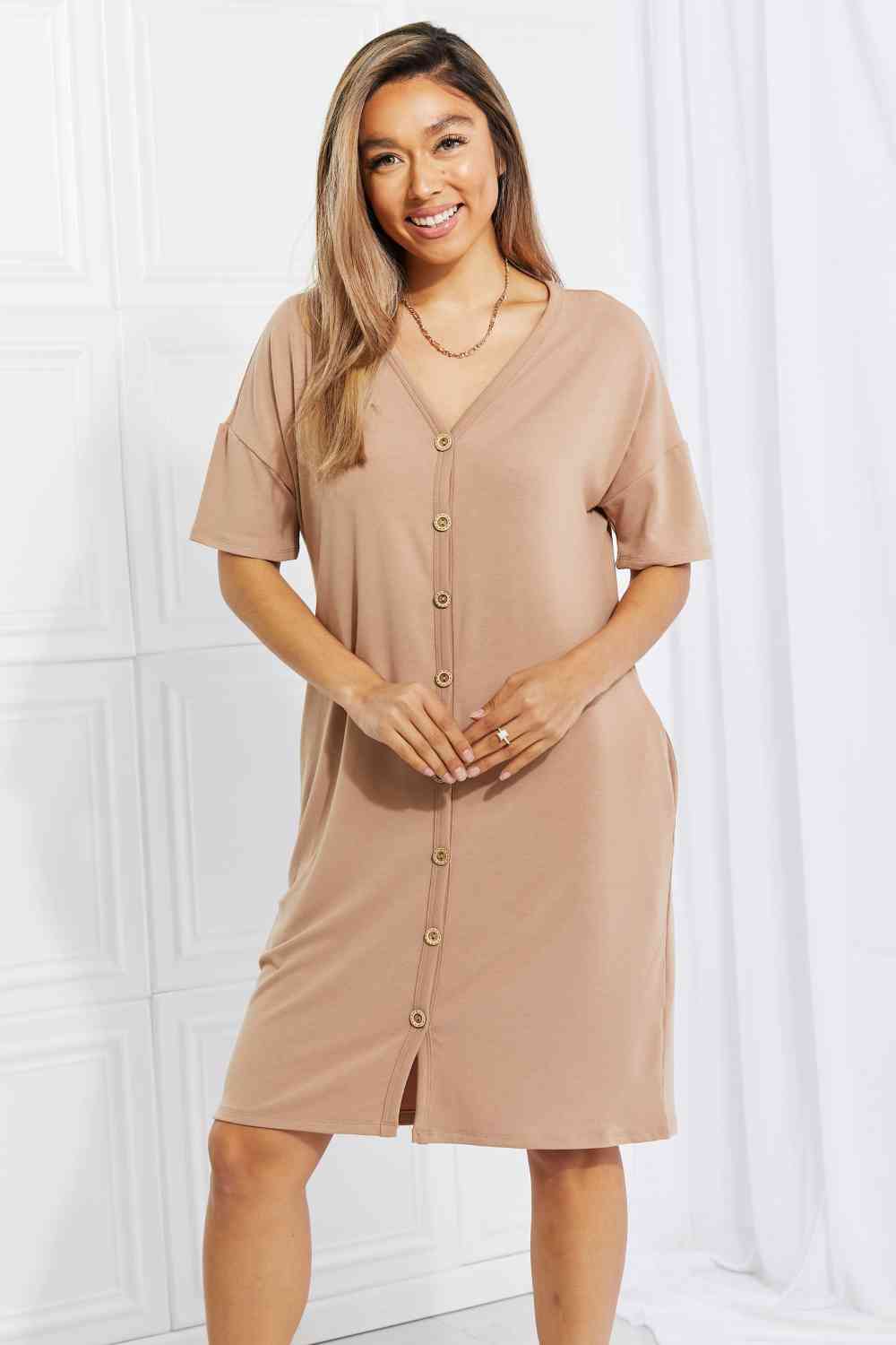 BOMBOM Sunday Brunch Button Down Knee-Length Dress in Natural