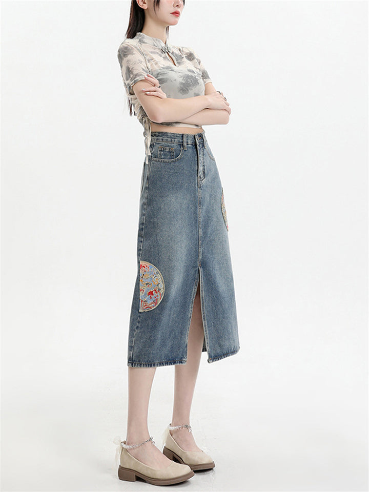 Women's Semicircle Embroidery Front Split Denim Skirts