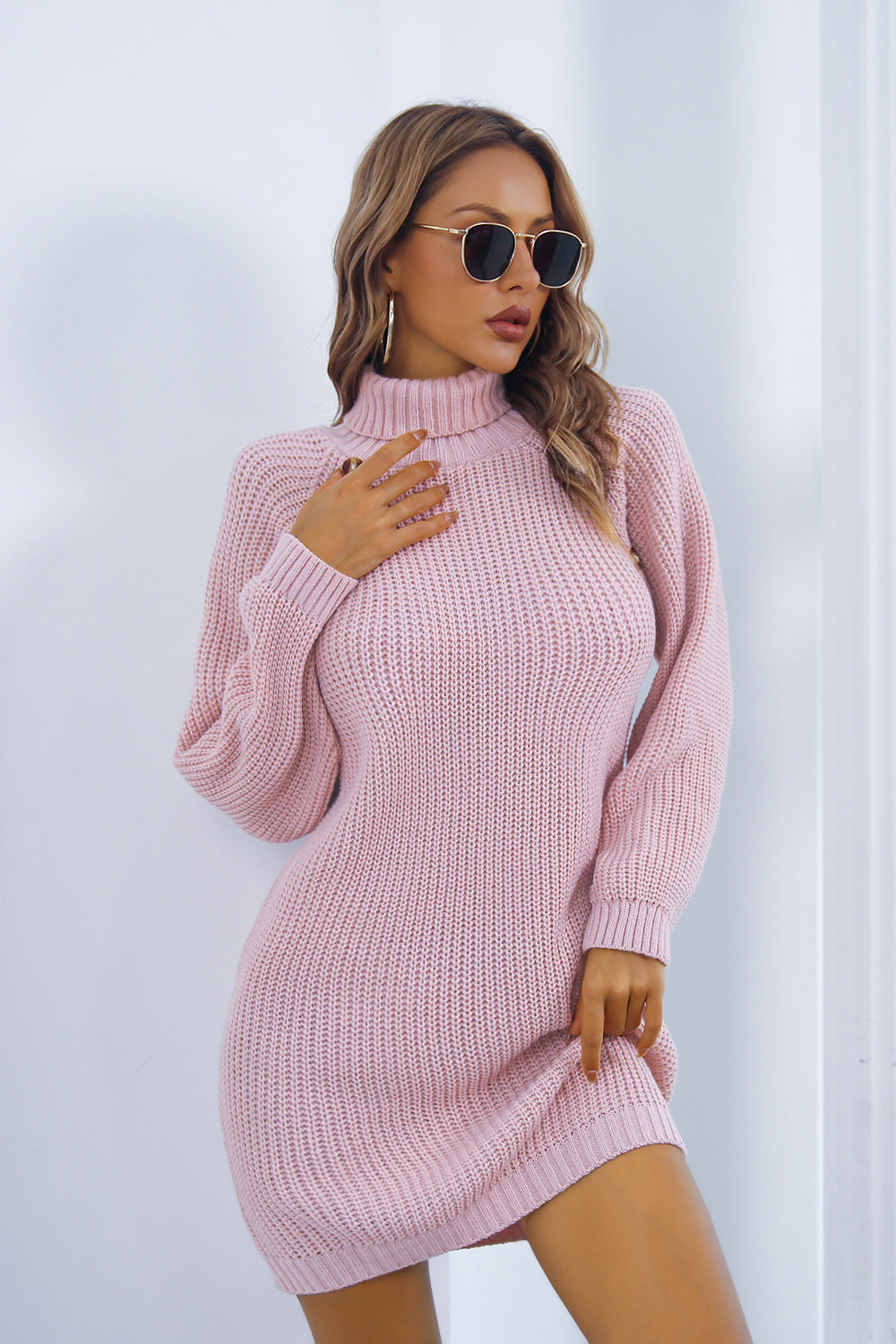 Ivyshape | Women's Mini Sweater Dress with High Neck and Buttons