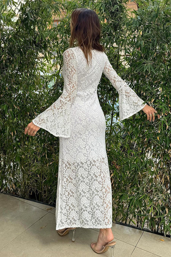 Ivyshape | Lifestyle Lace Square Neck Bell Sleeve Lined Slit Midi Dress