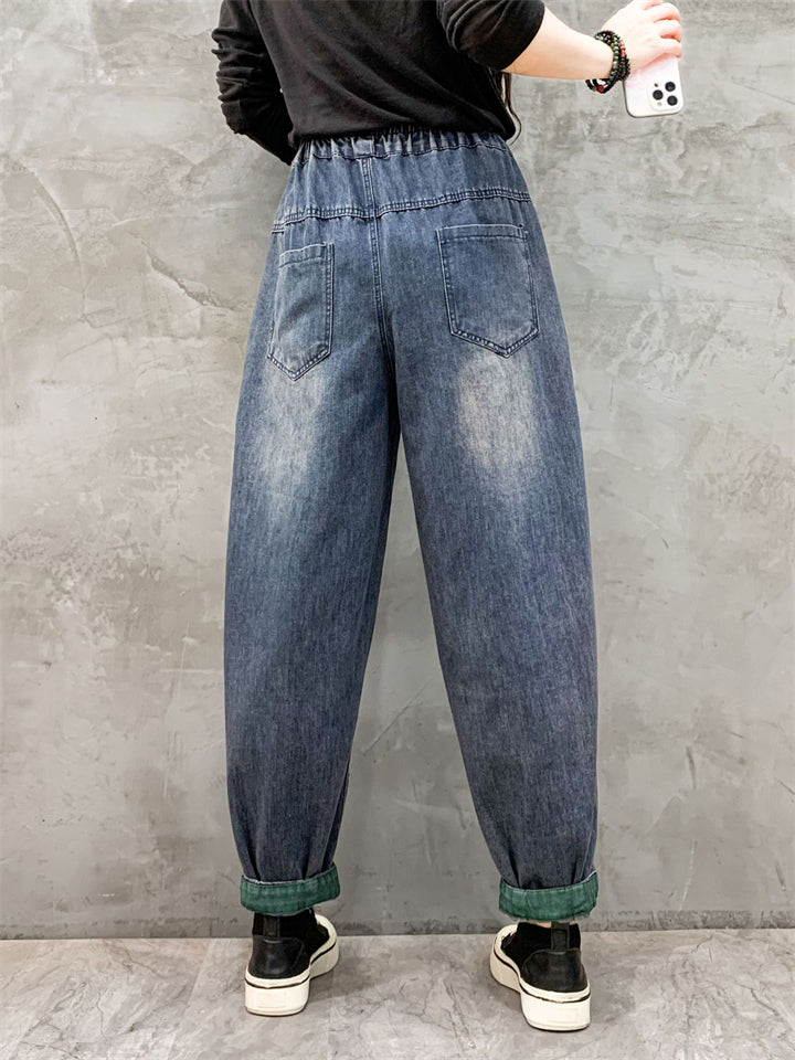 Stylish Color Stripe Washed Denim Harem Pants