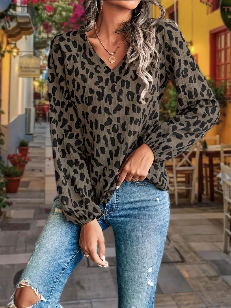 Ivyshape | V-Neck Blouse with Leopard Print for Women