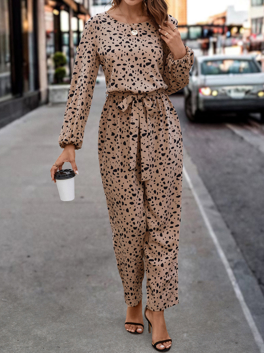 Ivyshape | Leopard Tie Front Balloon Sleeve Jumpsuit