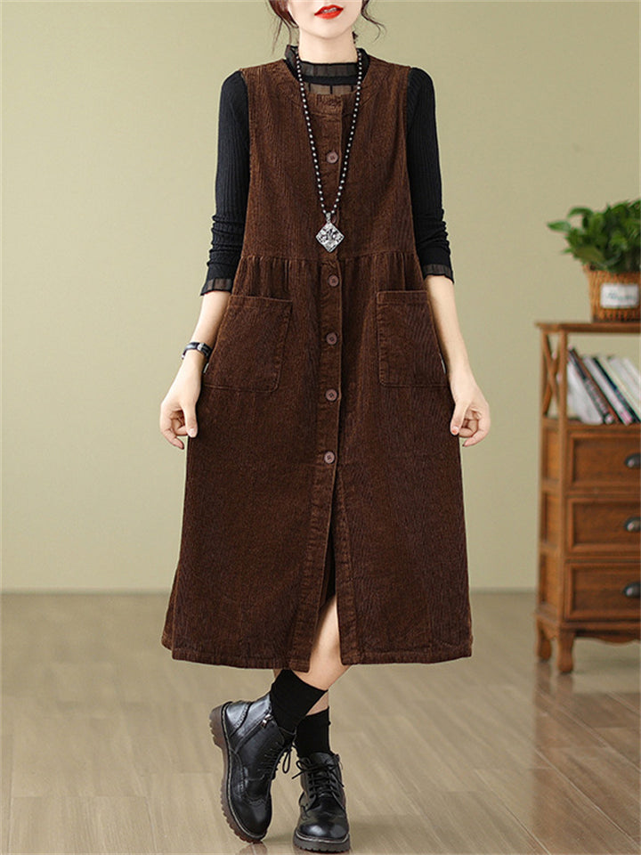 Crew Neck Button Up Sleeveless Mid-Length Dress