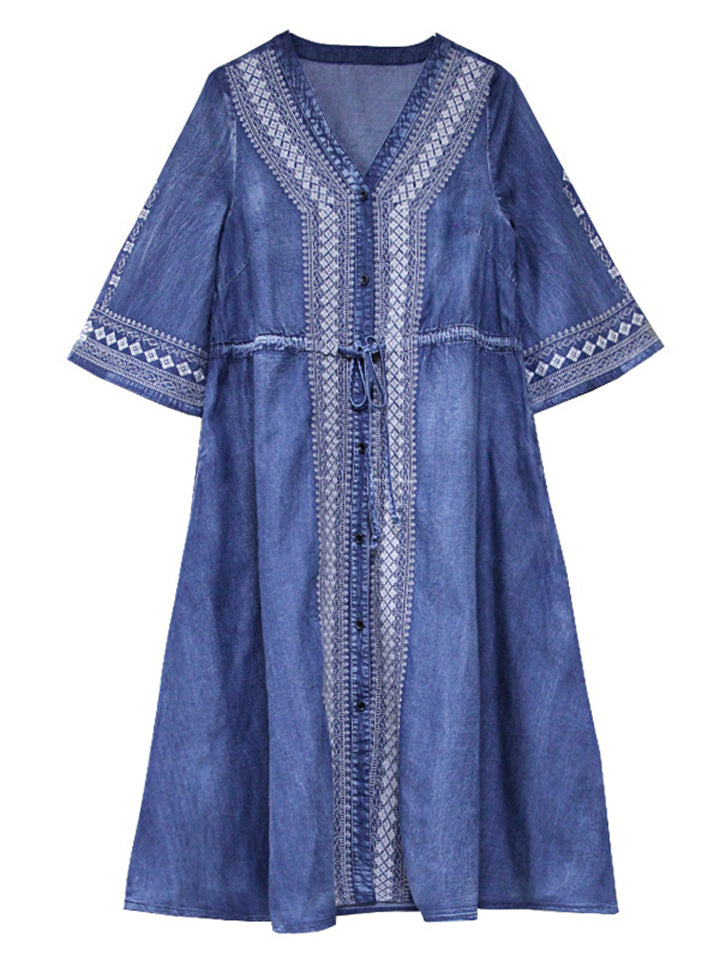 Retro V Neck Half Sleeve Embroidery Female Denim Dress