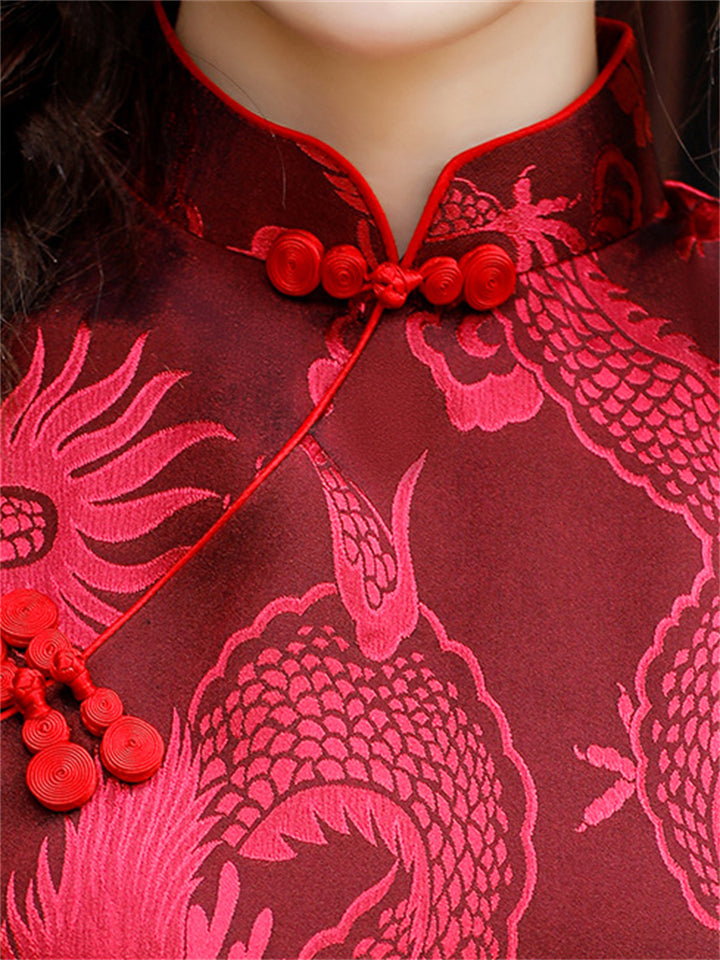 Wine Red Mini Qipao with Ancient Loong Jacquard