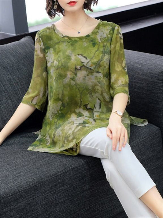 O-neck Floral Loose Chiffon Shirts