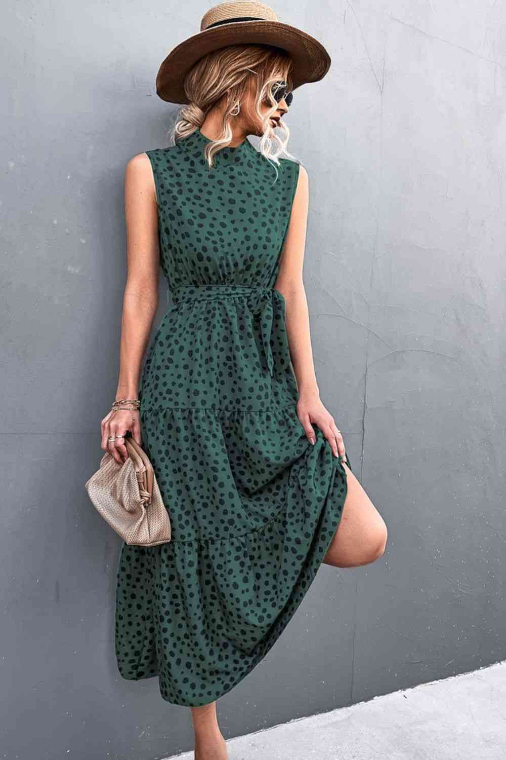 Printed Mock Neck Sleeveless Belted Tiered Dress