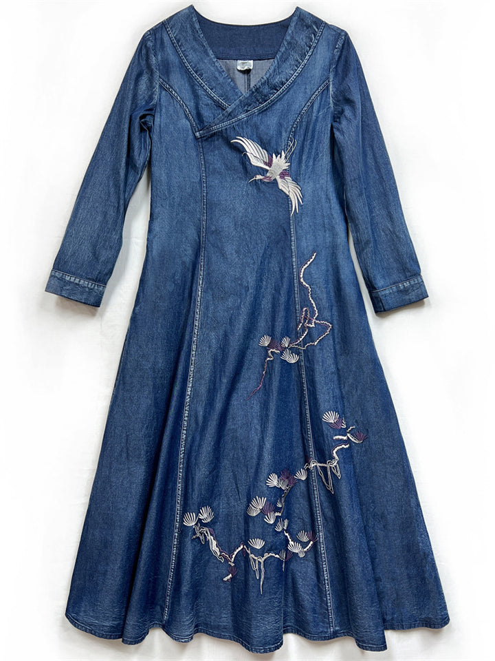 Flying Bird Embroidery V-Neck Blue Denim Dress