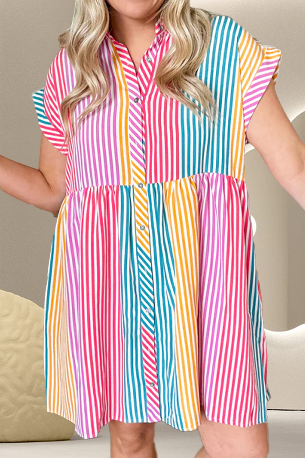 Ivyshape | Striped Collared Neck Cap Sleeve Mini Dress