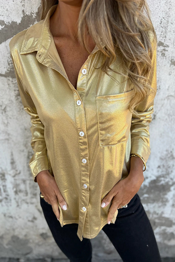 Ivyshape | Look Solid Metallic Loose Pocket Button-Down Blouse