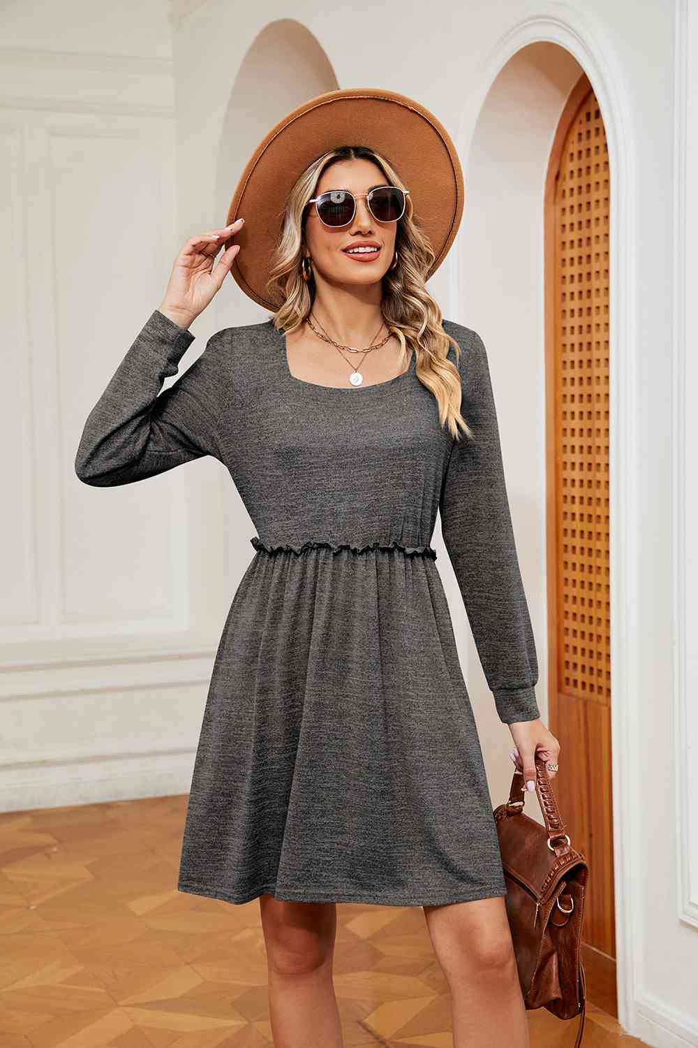 Square Neck Long Sleeve Dress