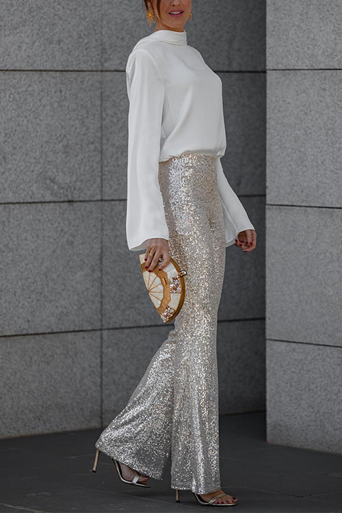 Ivyshape | Elastic Waist Bell Bottoms Stretch Sequined Pants