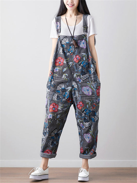 Fashion Loose Flowers Printed Denim Jumpsuits