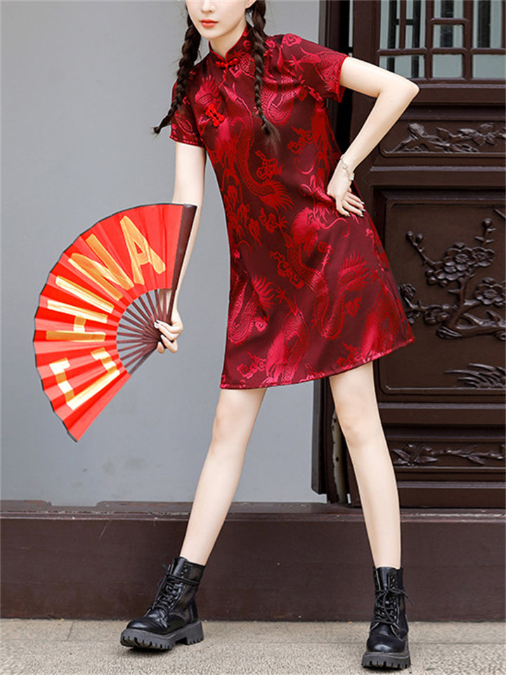 Wine Red Mini Qipao with Ancient Loong Jacquard