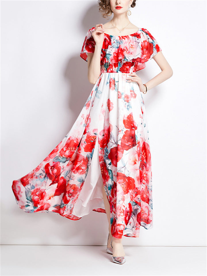 Female Gorgeous Peony Printed Ruffled Split Dresses