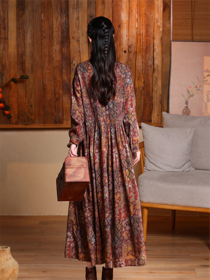 Female Lapel Long Sleeve Retro Print Pleated Long Dress