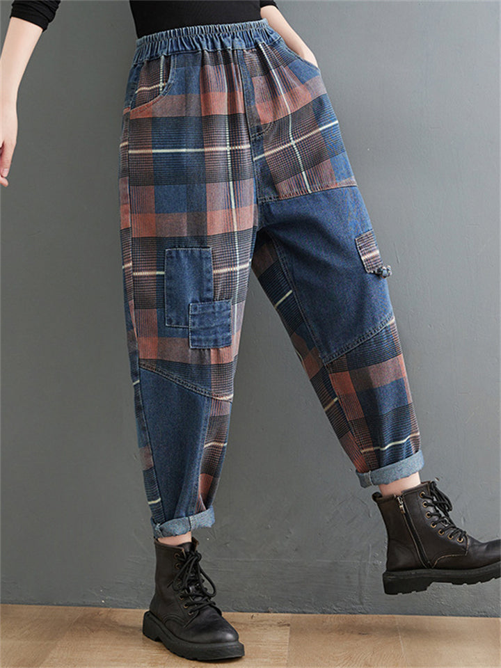 Retro Slimming Color Block Plaid Jeans for Women