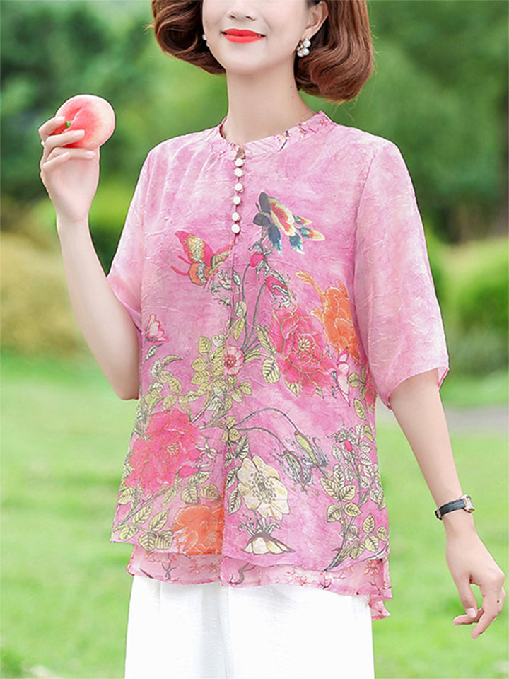 Peony Butterfly Print Plus Size Chiffon Shirt for Lady