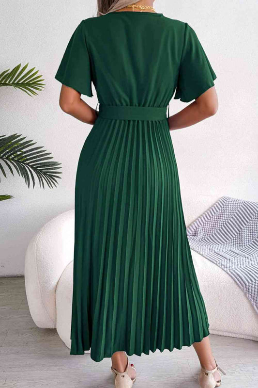 Pleated Flutter Sleeve Belted Dress