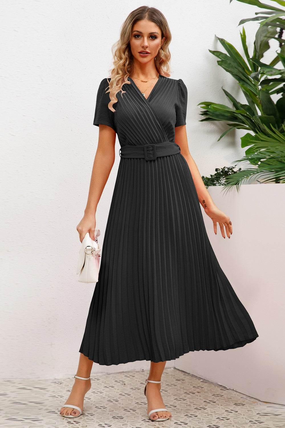 Ivyshape | Pleated Surplice Short Sleeve Midi Dress