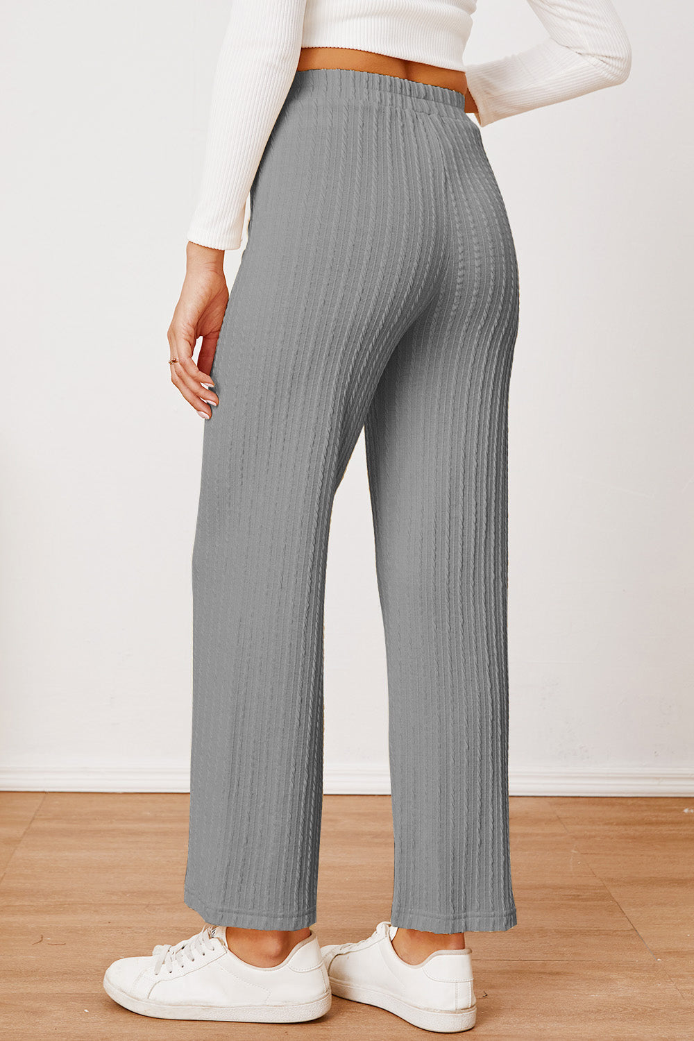 Ivyshape | Textured Elastic Waist Straight Pants