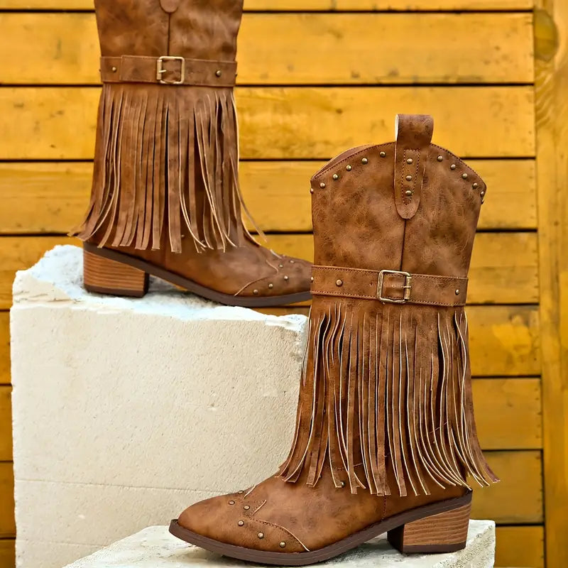 Ivyshape | Women's boots with fringe decor and thick heel