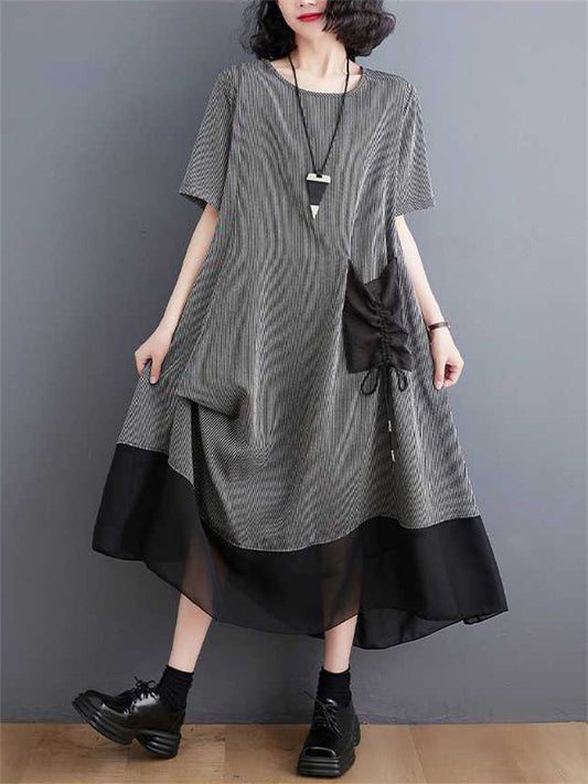 Lady Plus Size Irregular Retro Drawstring Pocket Dresses