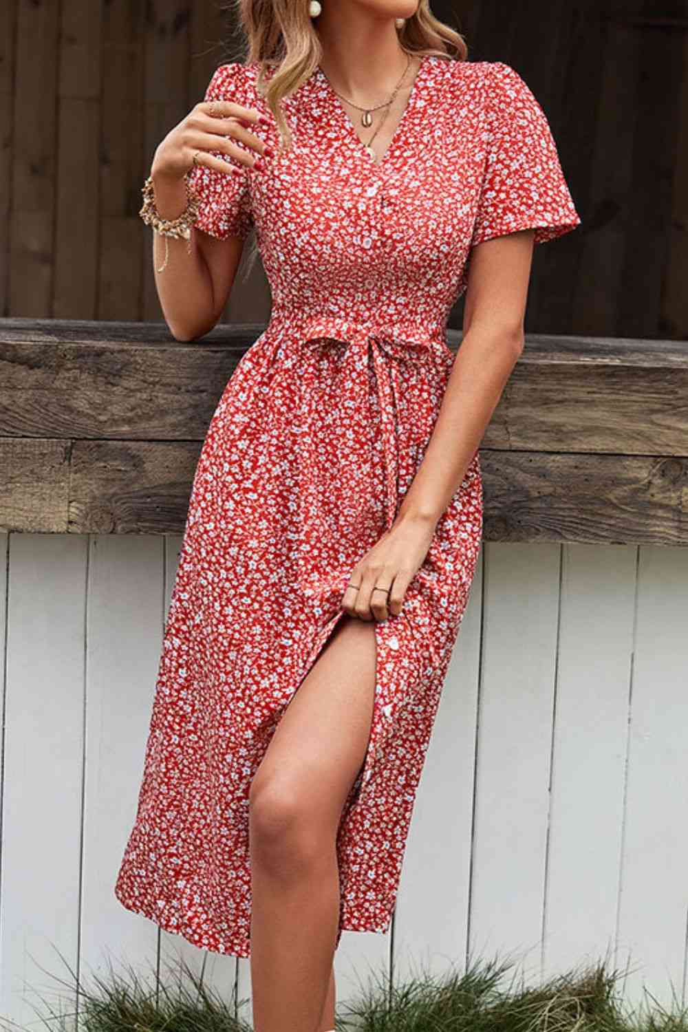 Ditsy Floral Button Front Tied Puff Sleeve Dress