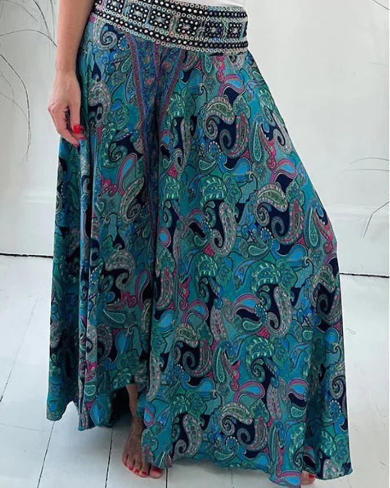 Ivyshape | Paisley Print Elastic Patchwork Waist Lightweight Pants