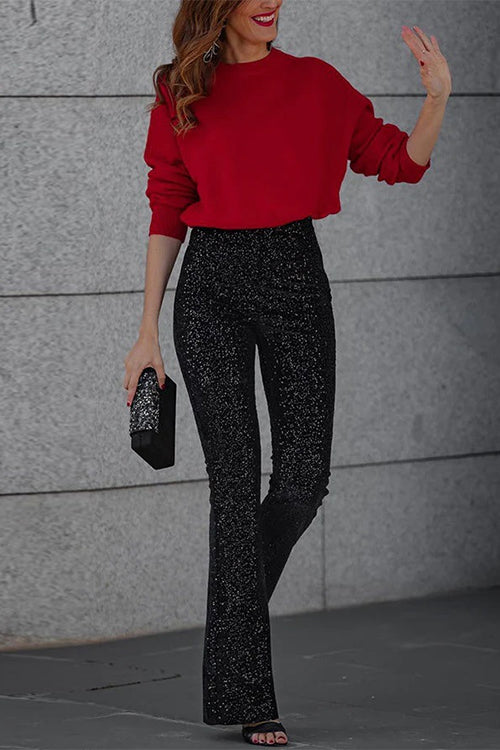 Ivyshape | Elastic Waist Bell Bottoms Stretch Sequined Pants