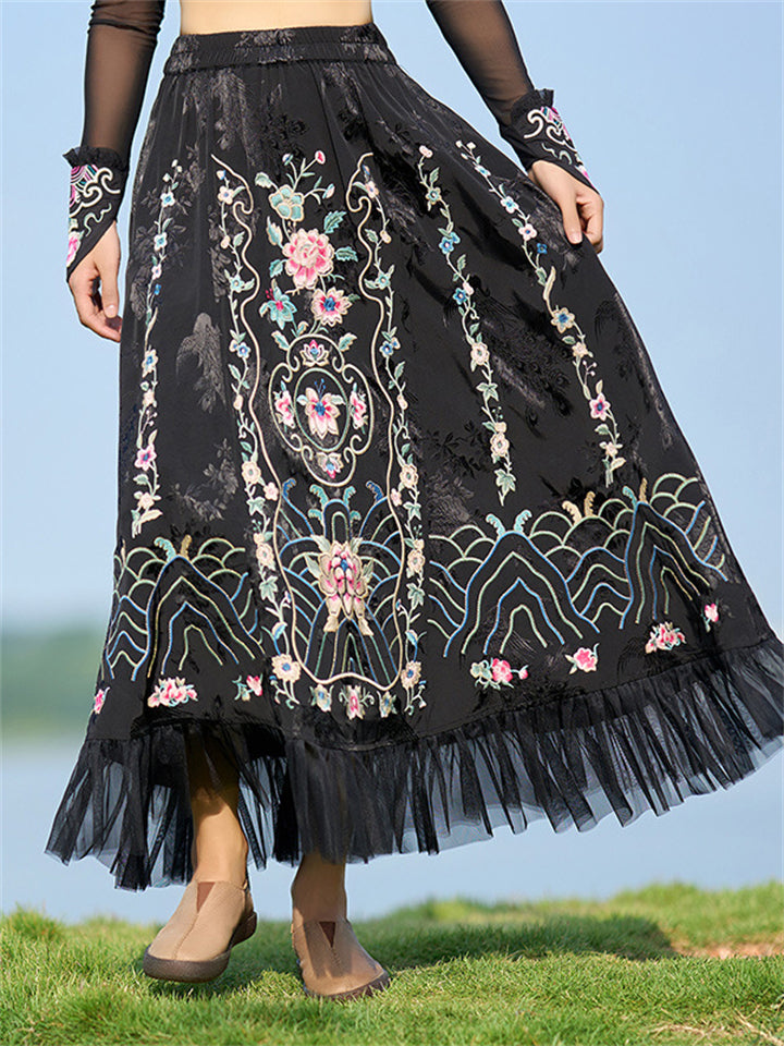 Female Black Satin Flower Embroidery Skirts