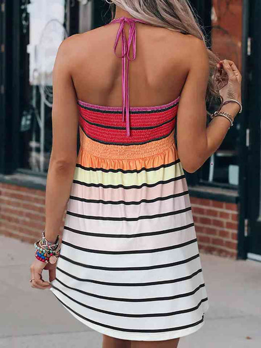 Smocked Sleeveless Striped Mini Dress