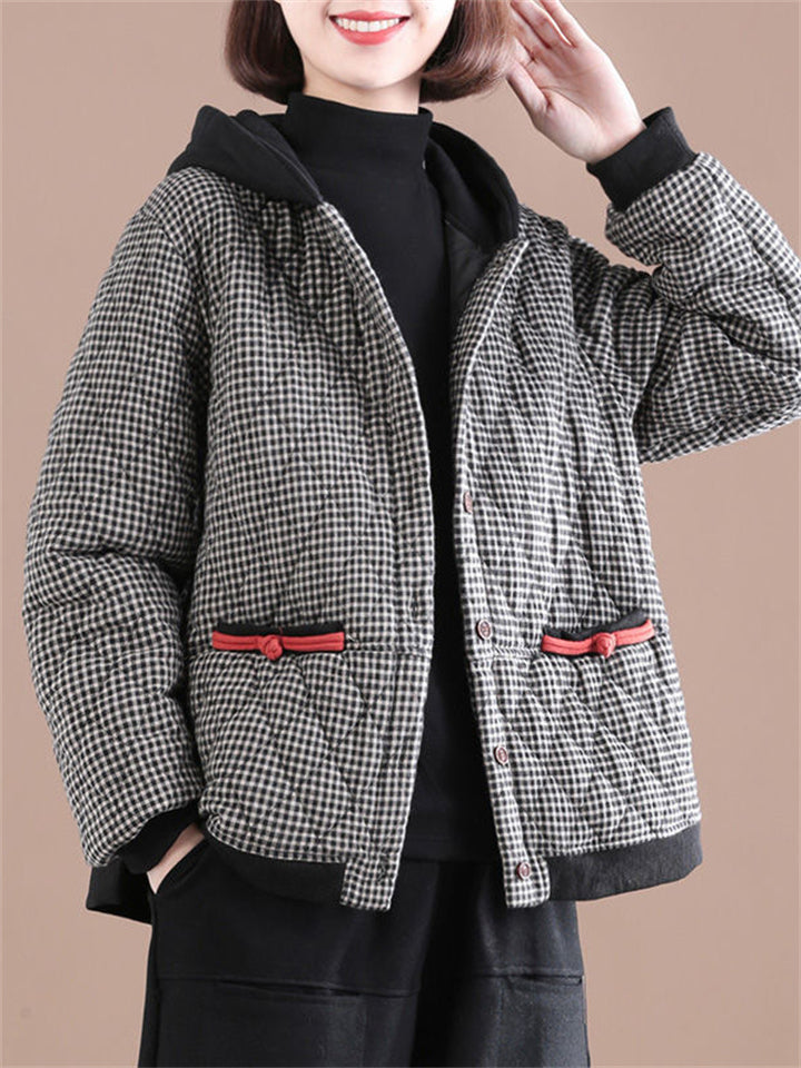 Women's Winter Vintage Plaid Short Hooded Cotton Coat