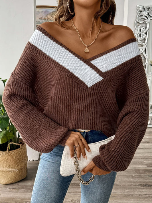 Ivyshape | Women's Long Sleeve Contrast Sweater with Dropped Shoulders