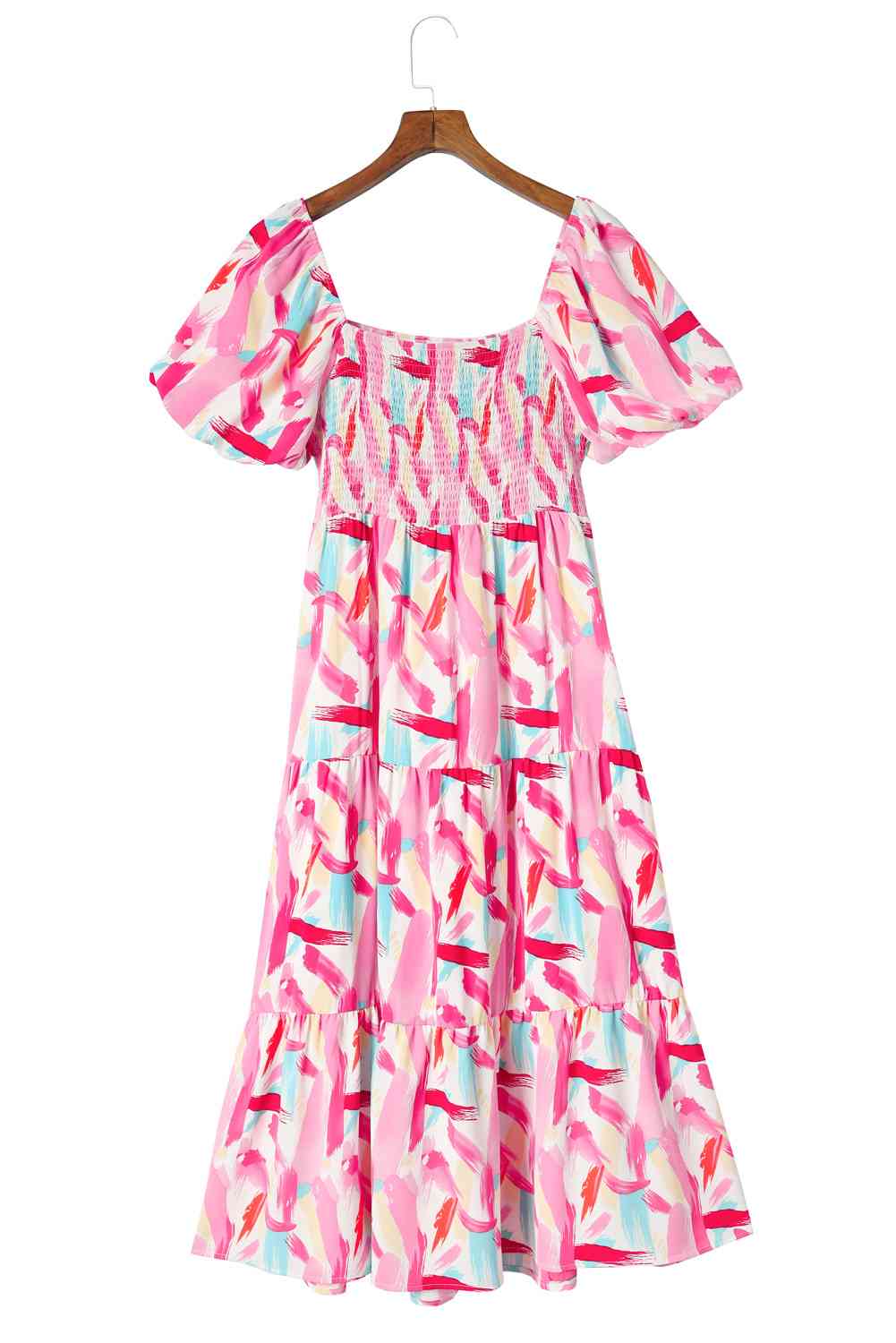 Printed Square Neck Tied Smocked Dress