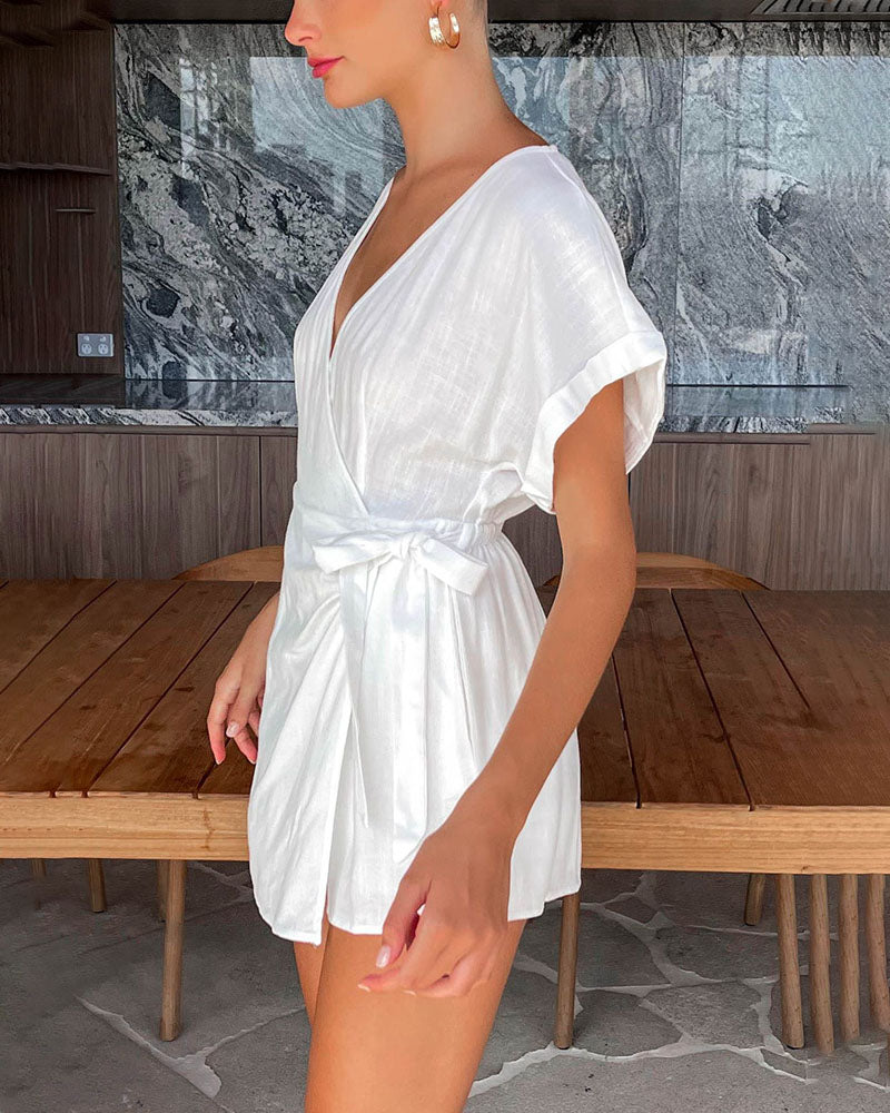 Cotton Linen V Neck Tie Jumpsuit Shorts