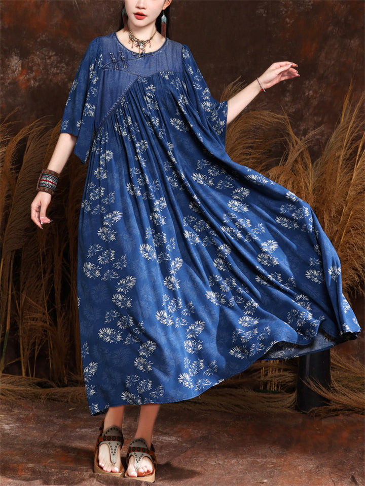 Vintage Print Round Neck Half Sleeve Pleated Swing Dress for Women