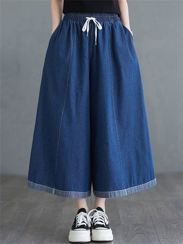 Female Simple Blue Big Size Wide Leg Denim Pants