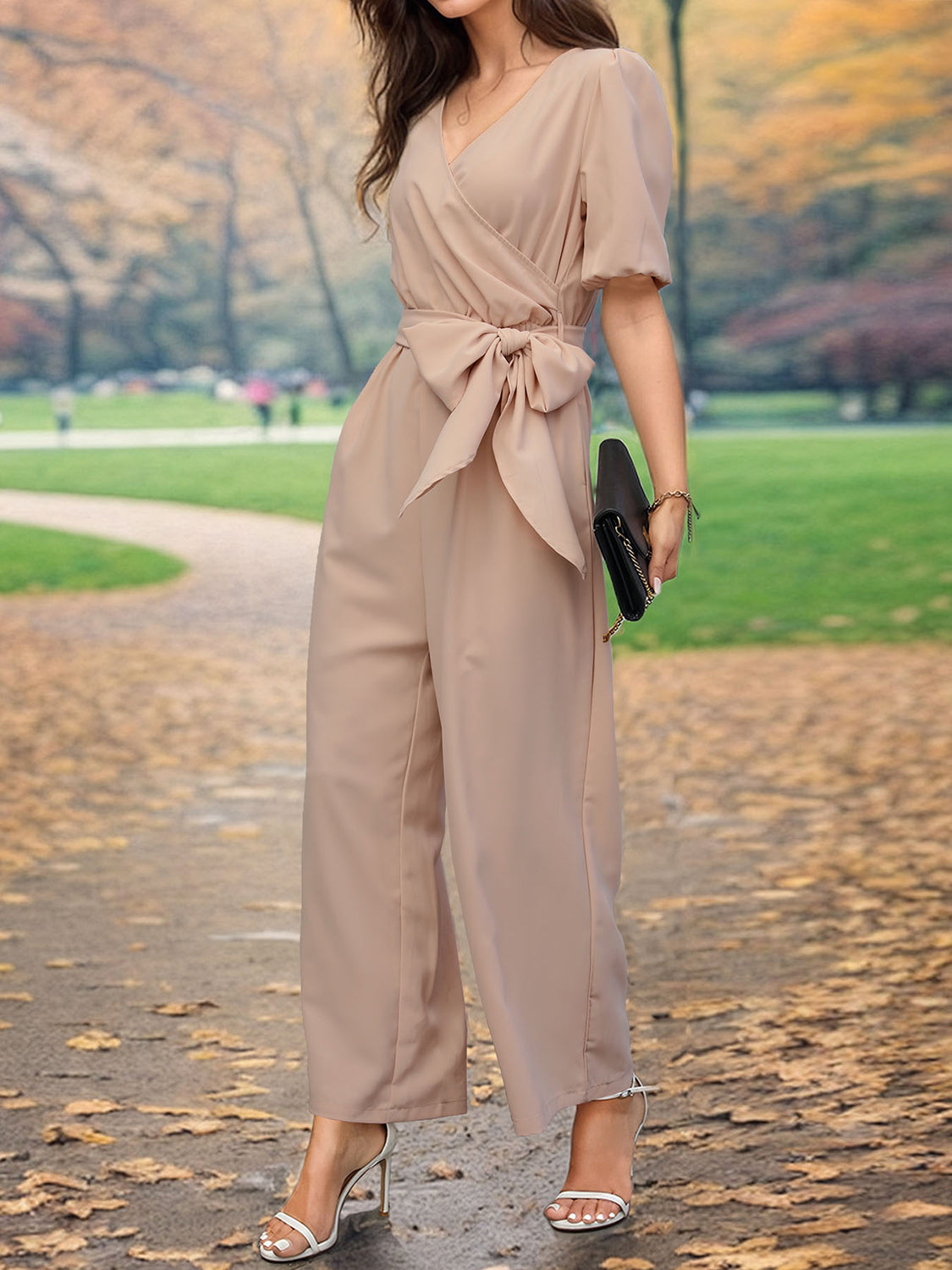 Ivyshape | Tied Short Sleeve Wide Leg Jumpsuit