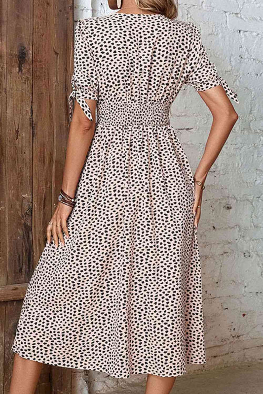 Animal Print Button Front V-Neck Tied Dress