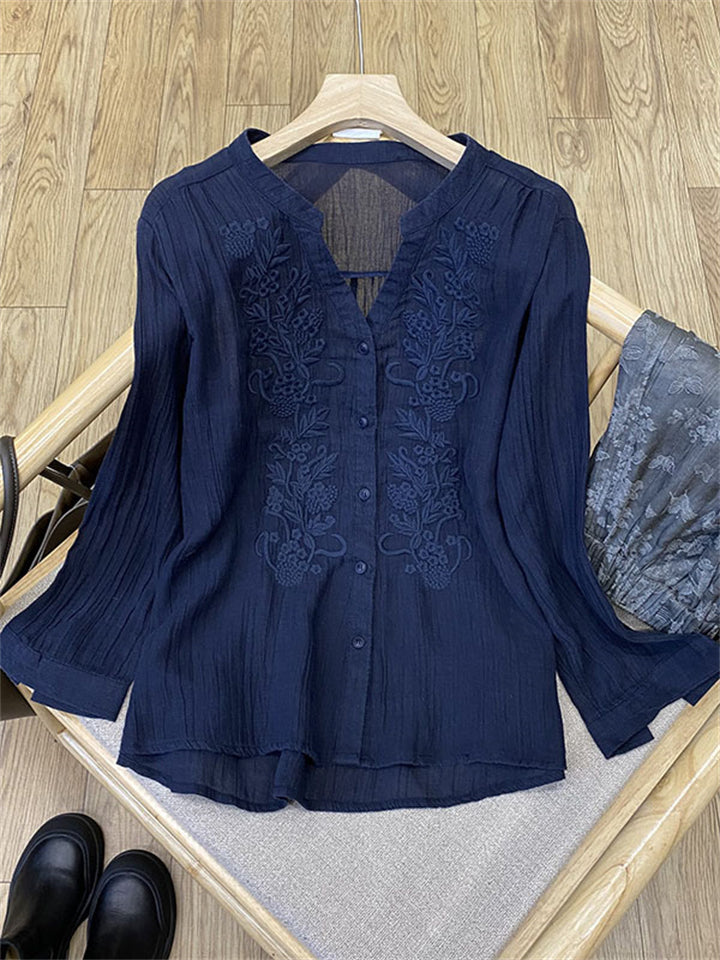 V-Neck Button Up Long Sleeve Embroidery Linen Shirt for Women