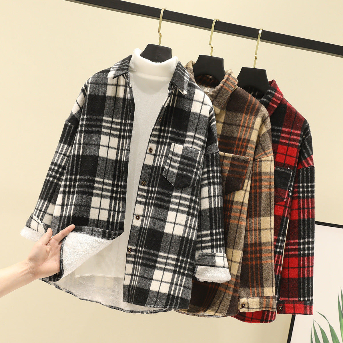 Ivyshape | Woolen Cardigan Coat Fleece Plaid Shirt Women