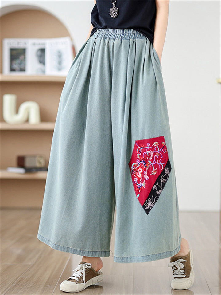 Ethnic Style Peony Patchwork Fashion Wide Leg Jeans for Women