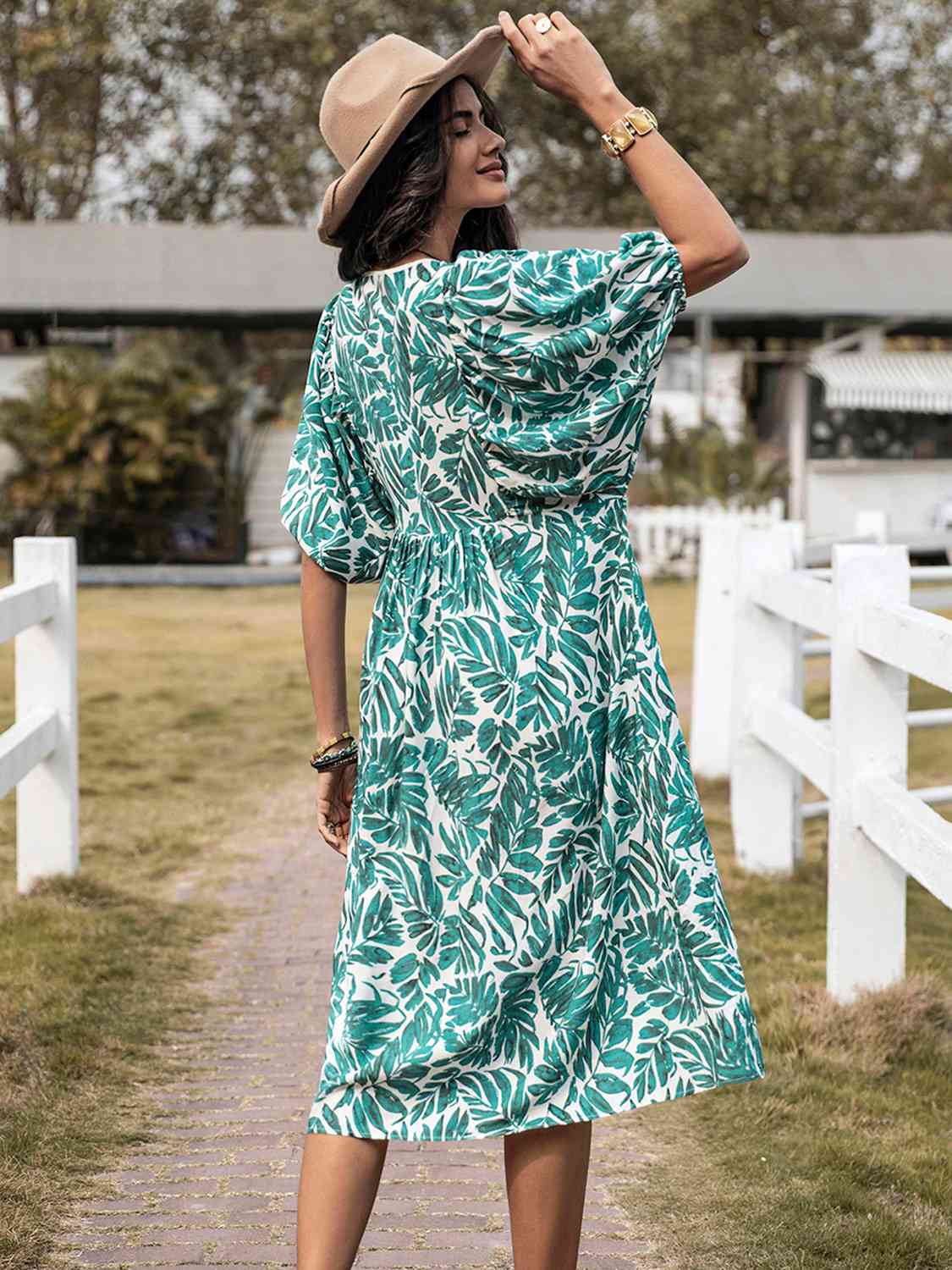 Printed Tie Neck Short Sleeve Midi Dress